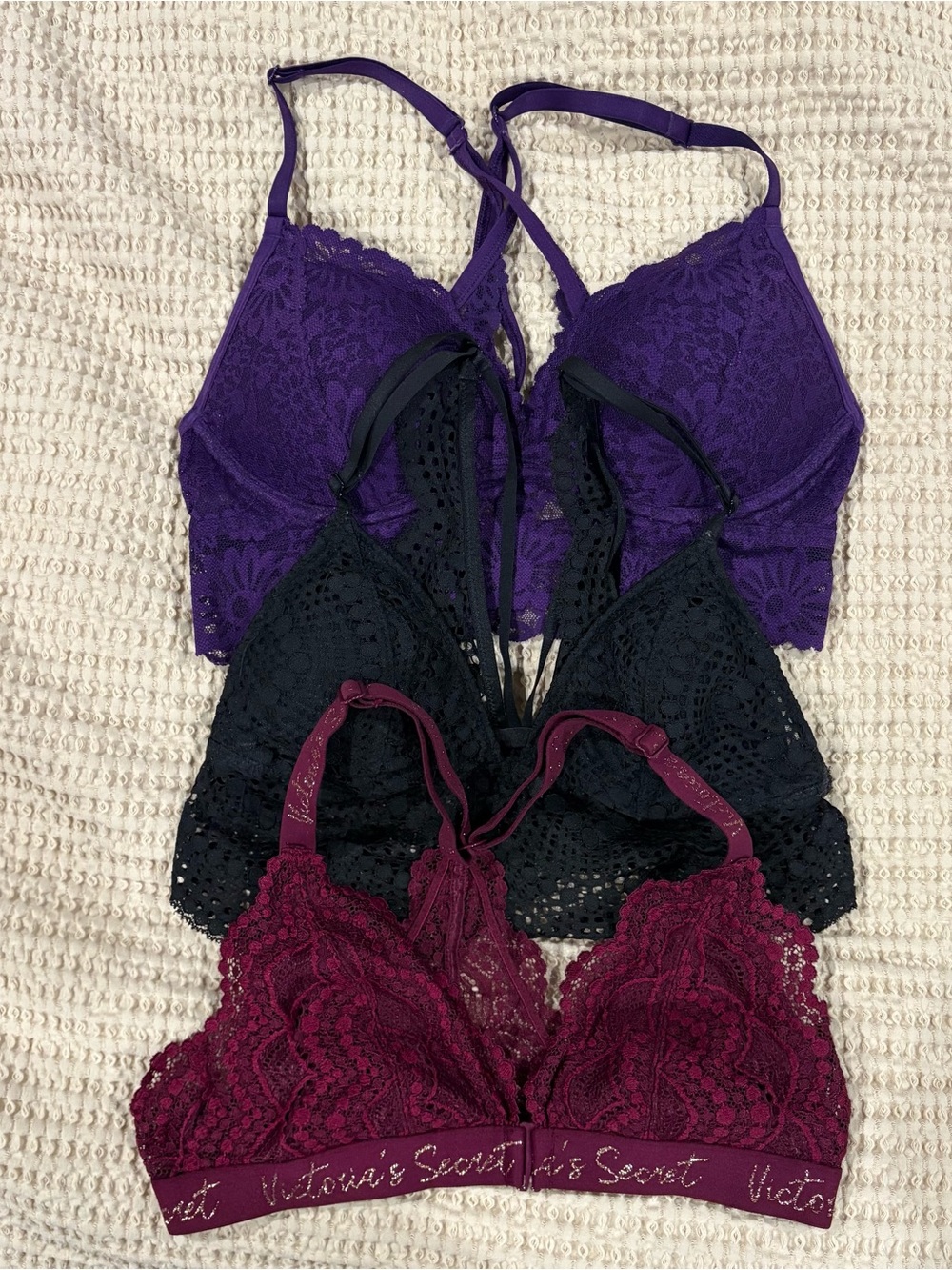 Victoria's Secret Lace Bralette Trio - Purple, Black, Burgundy